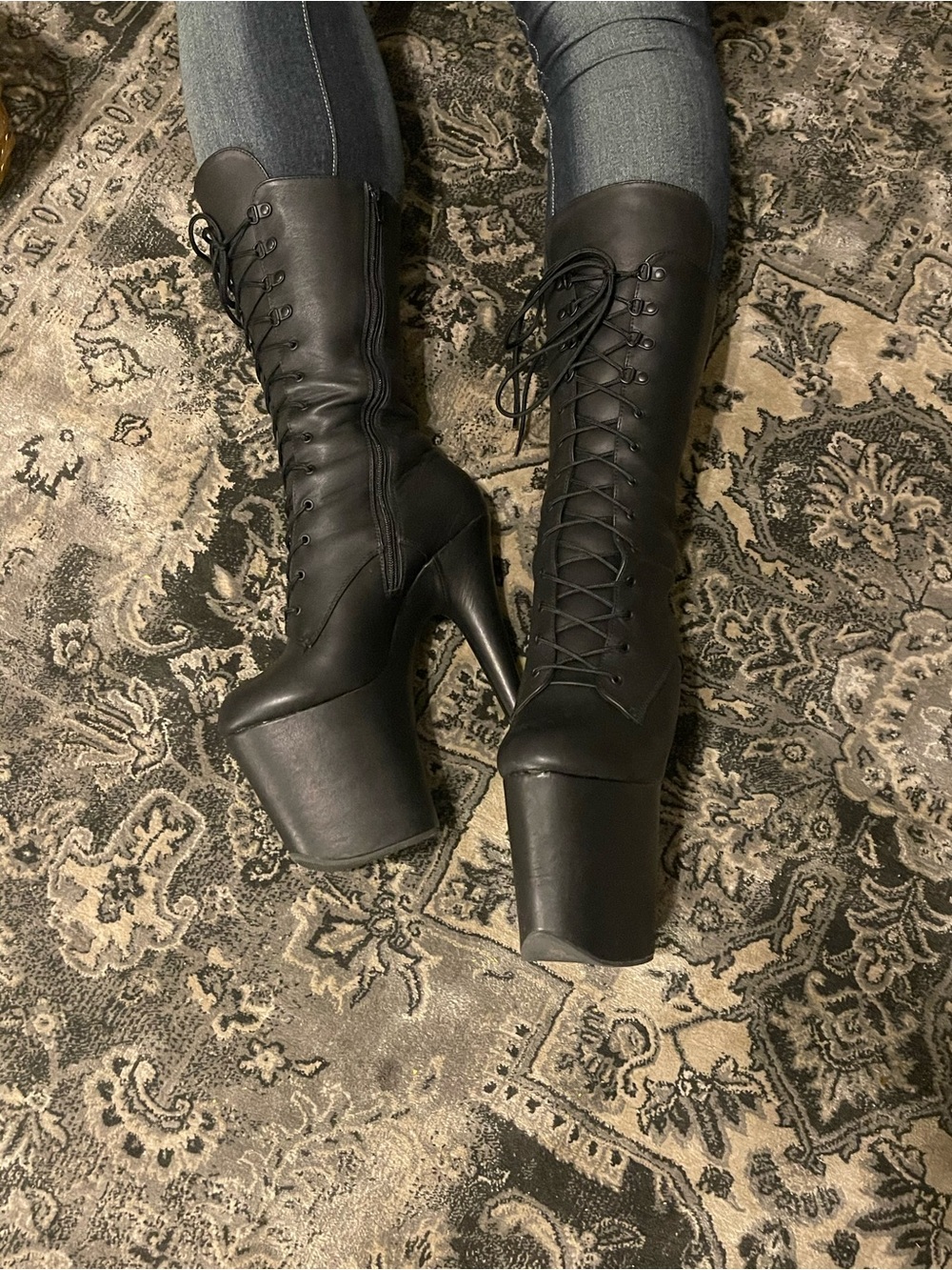 Pleaser Flamingo 1050-LWR black leather mid calf boots